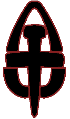 A black drop symbol with a dagger inside with a red outline.